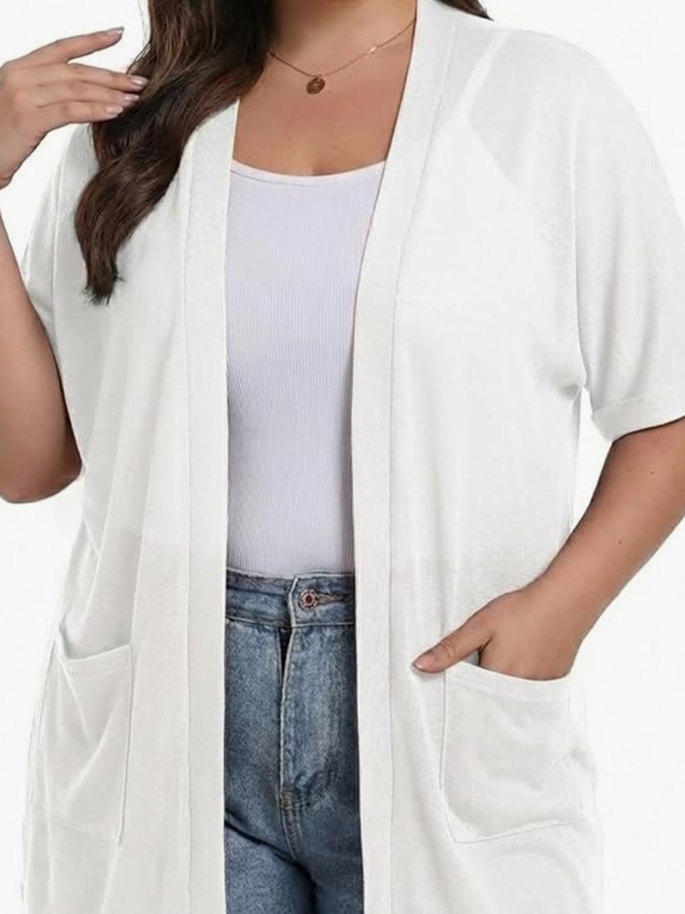 Classic Open-Front White Short-Sleeve Cardigan with Front Pockets
